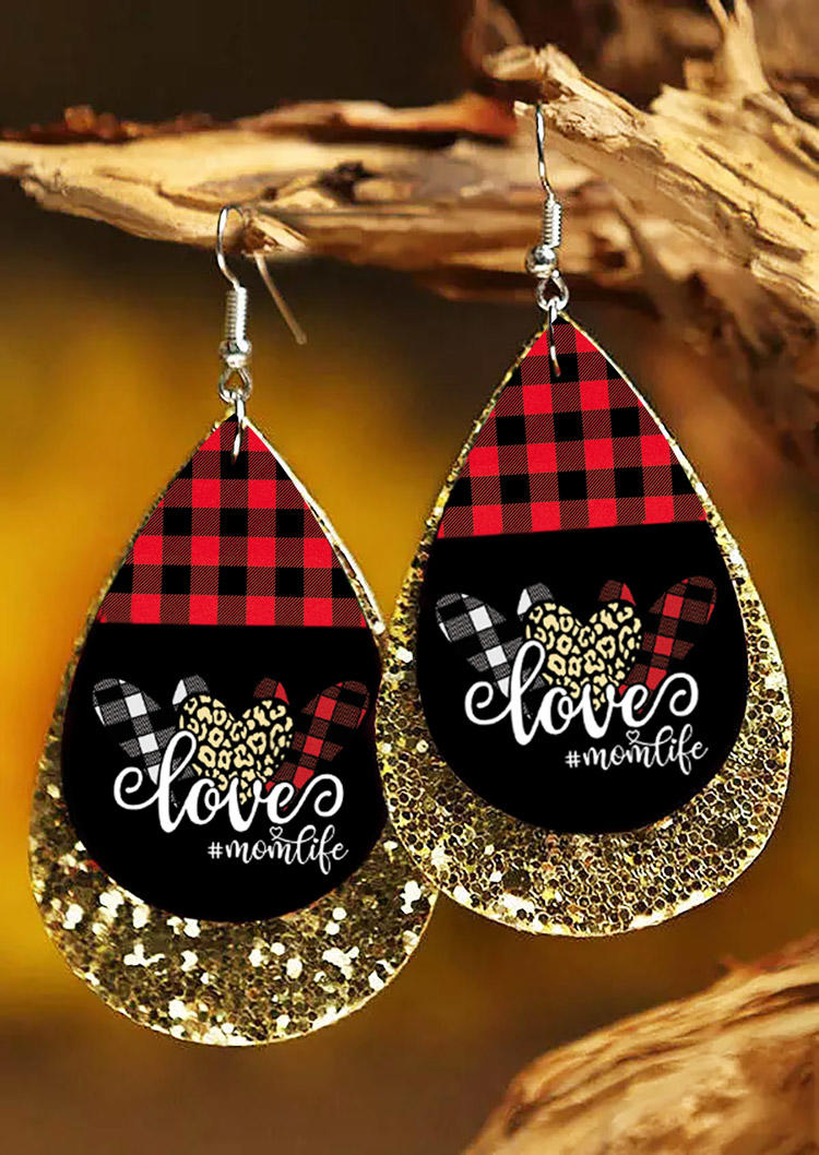 

Love Mom Life Plaid Leopard Sequined Earrings, Black, 525479