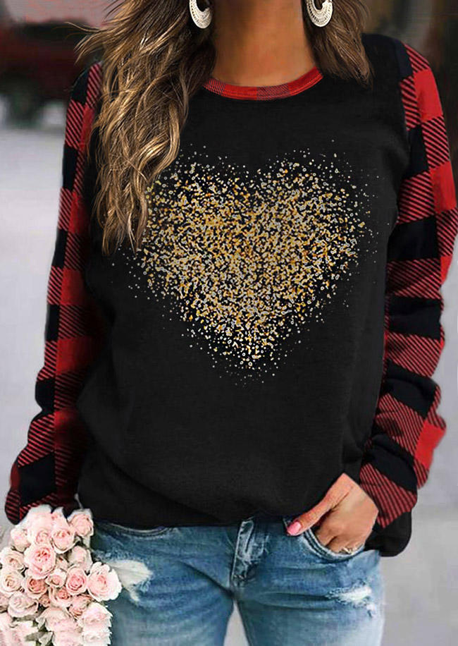 Heart Plaid Long Sleeve Sweatshirt - Black