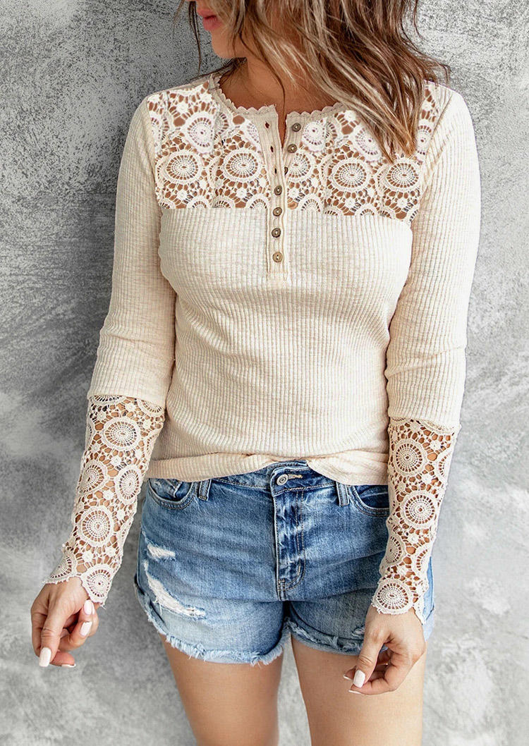 

Lace Splicing Button Long Sleeve Blouse - Apricot, 525614