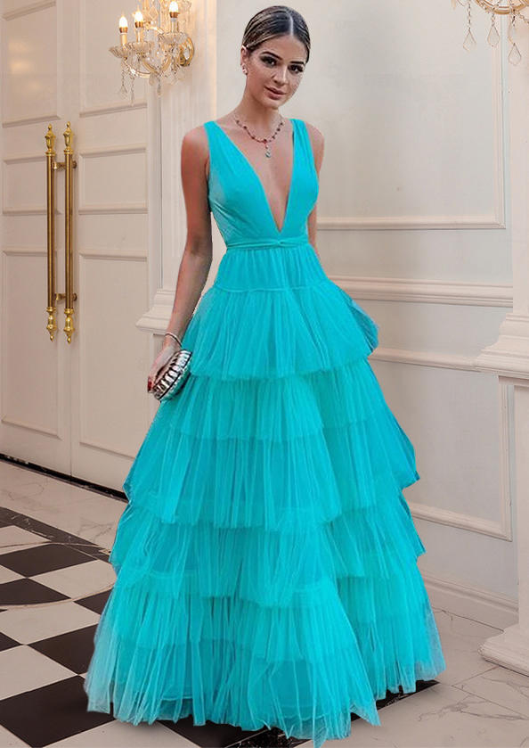 

Mesh Maxi Gown Prom Dress - Cyan, 525623