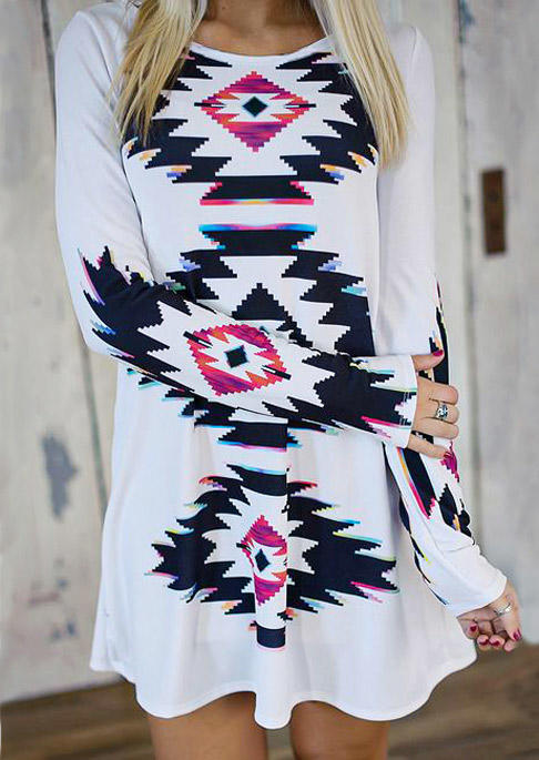 

Aztec Geometric Long Sleeve Mini Dress - White, 525660