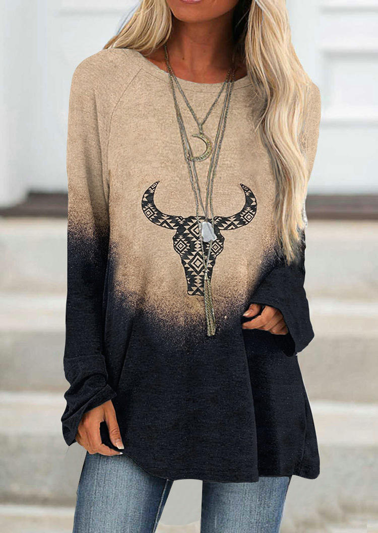 

Steer Skull Gradient Raglan Sleeve Blouse - Khaki, 524586