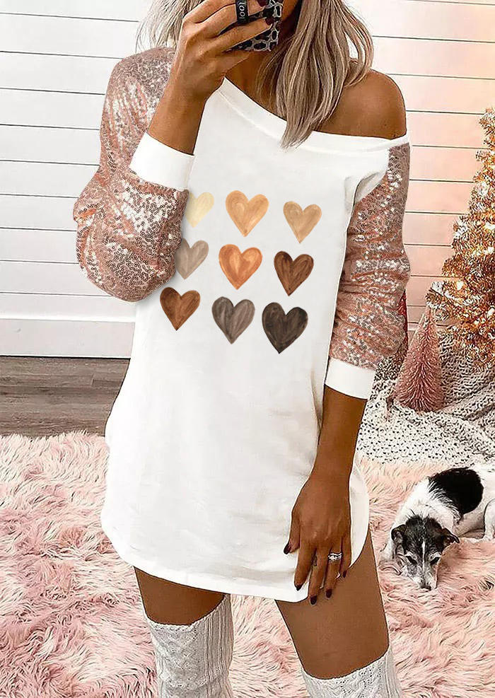 

Sequined Love Heart Raglan Sleeve Mini Dress - White, 524948