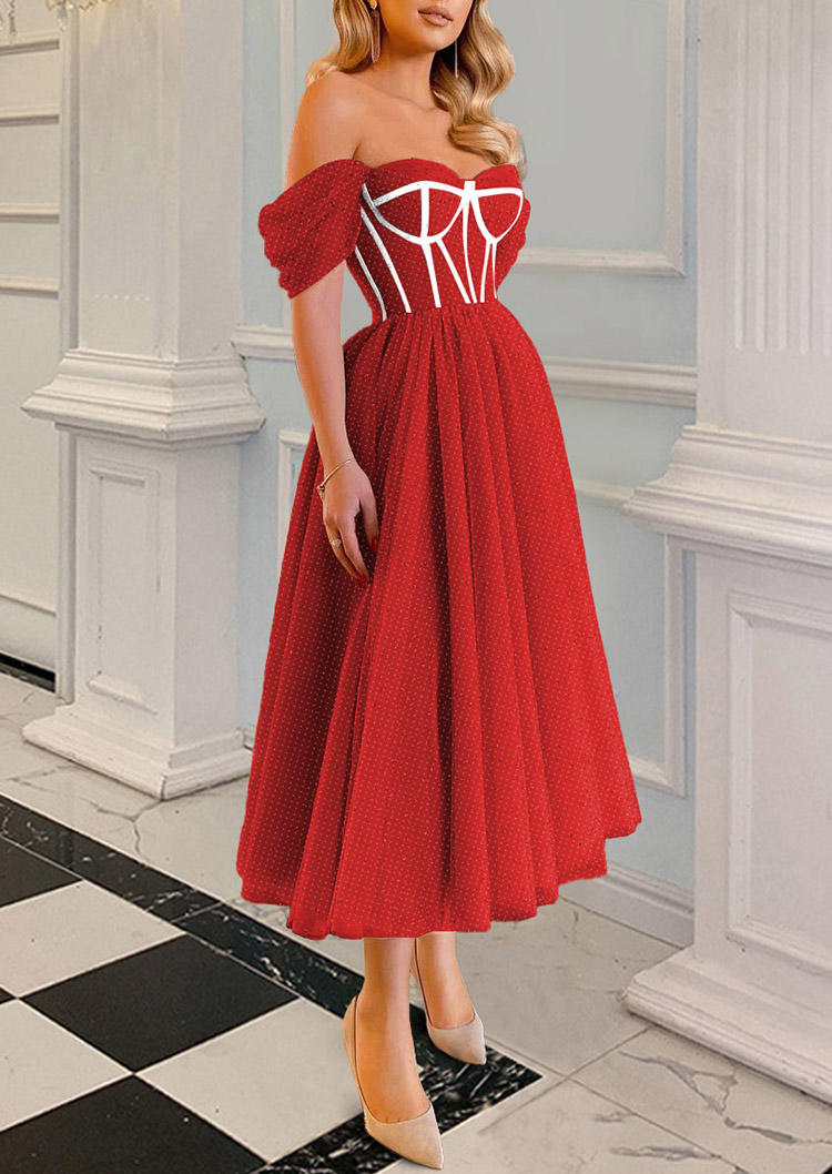 

Polka Dot Open Back Mesh Prom Dress - Red, 525624