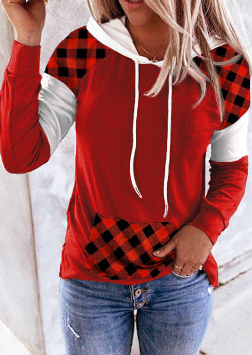 

Plaid Color Block Drawstring Kangaroo Pocket Hoodie - Burgundy, 525644