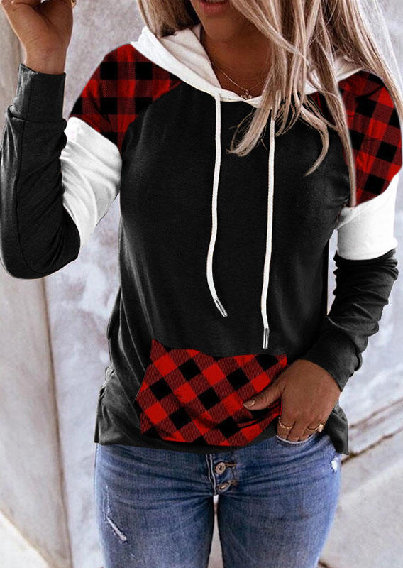 Plaid Color Block Drawstring Kangaroo Pocket Hoodie - Burgundy