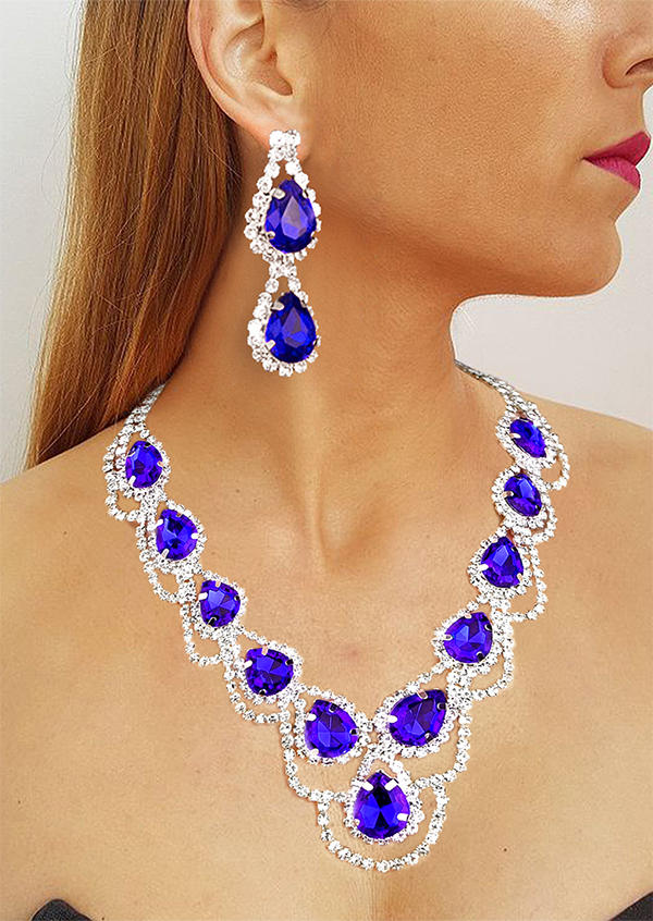 

3Pcs Crystal Necklace And Earrings Jewelry Set, Blue;red, 524715