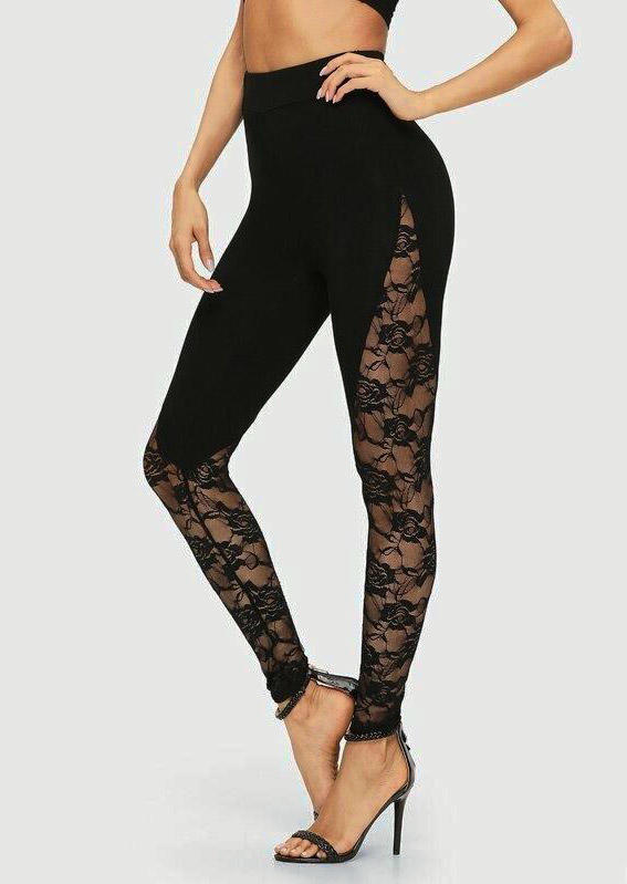 

Floral Lace Splicing Leggings - Black, 525122