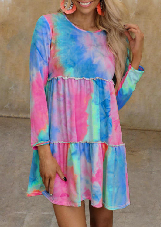 

Tie Dye Ruffled Long Sleeve Mini Dress, Multicolor, 525171
