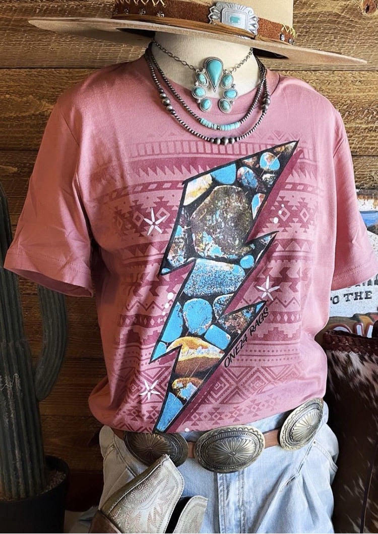 Aztec Geometric O-Neck T-Shirt Tee - Pink