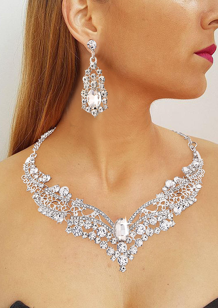 

3Pcs Rhinestone Necklace And Earrings Jewelry Set, Silver, 524704