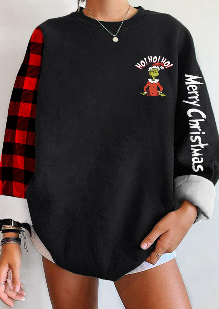 

Merry Christmas Plaid Cartoon Sweatshirt - Blouse, Black, 524802