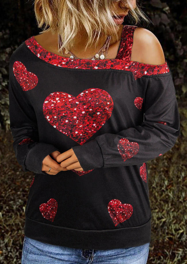 

Sequined Heart Long Sleeve Blouse - Black, 524962