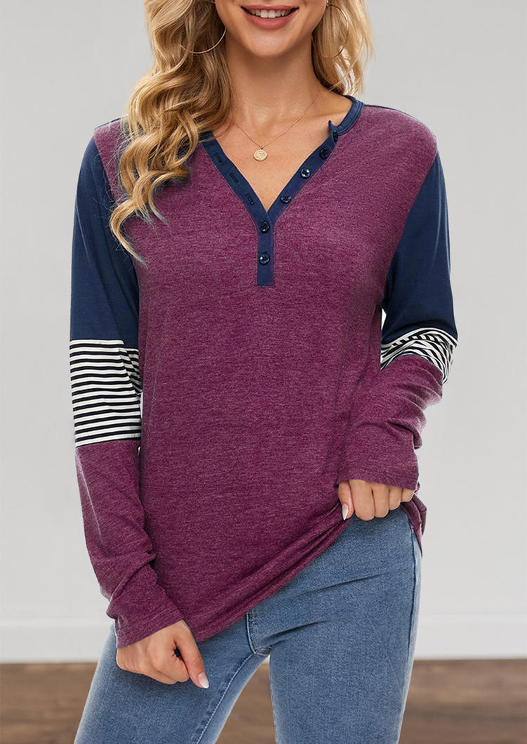 

Button Striped Long Sleeve Blouse - Plum, 525170