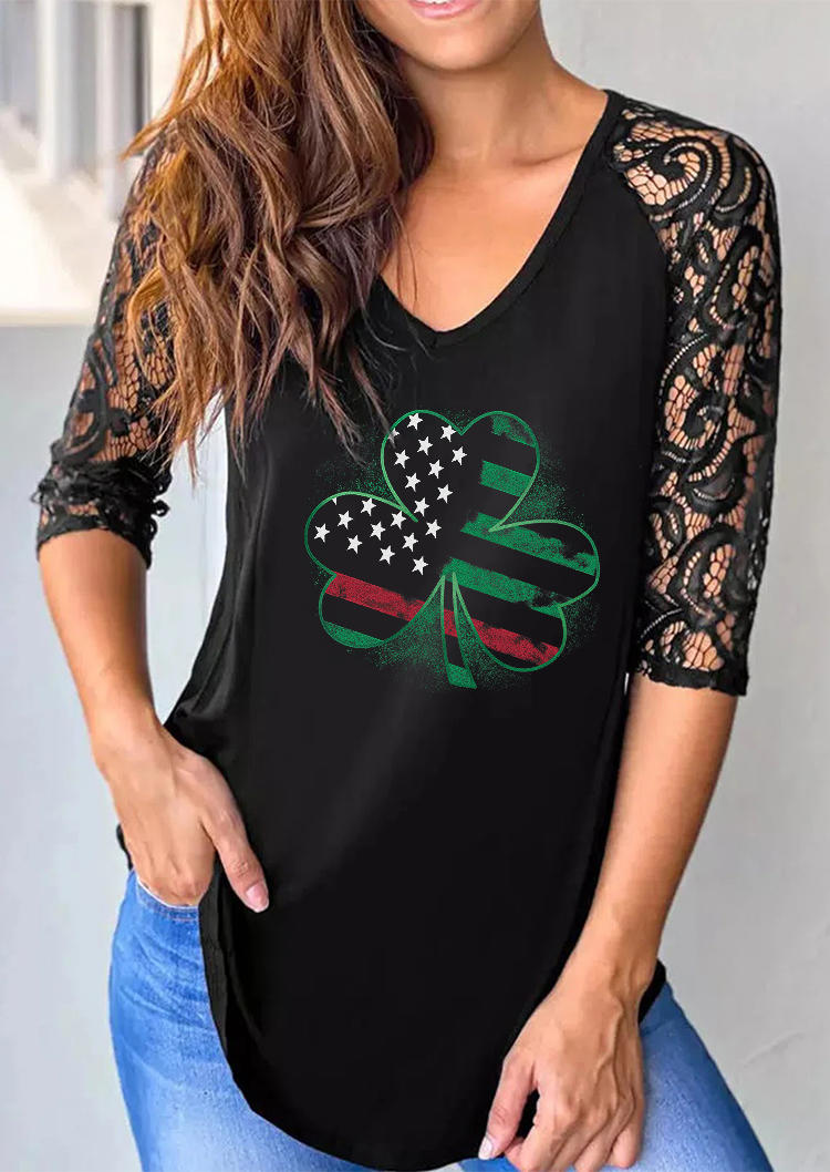 

Lace Splicing Shamrock Blouse - Black, 525261