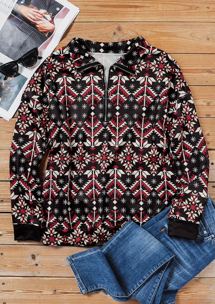 Buy Aztec Geometric Zipper Long Sleeve Sweatshirt. Picture