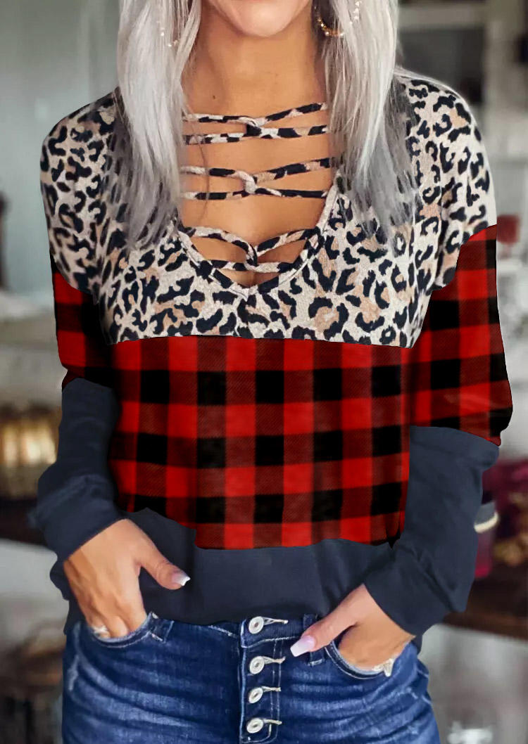 

Leopard Buffalo Plaid Criss-Cross Blouse, Multicolor, 525670