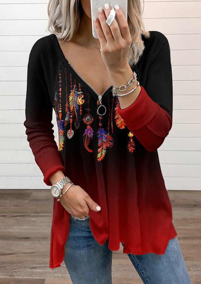 

Zipper Feather Gradient V-Neck Blouse - Black, 525749