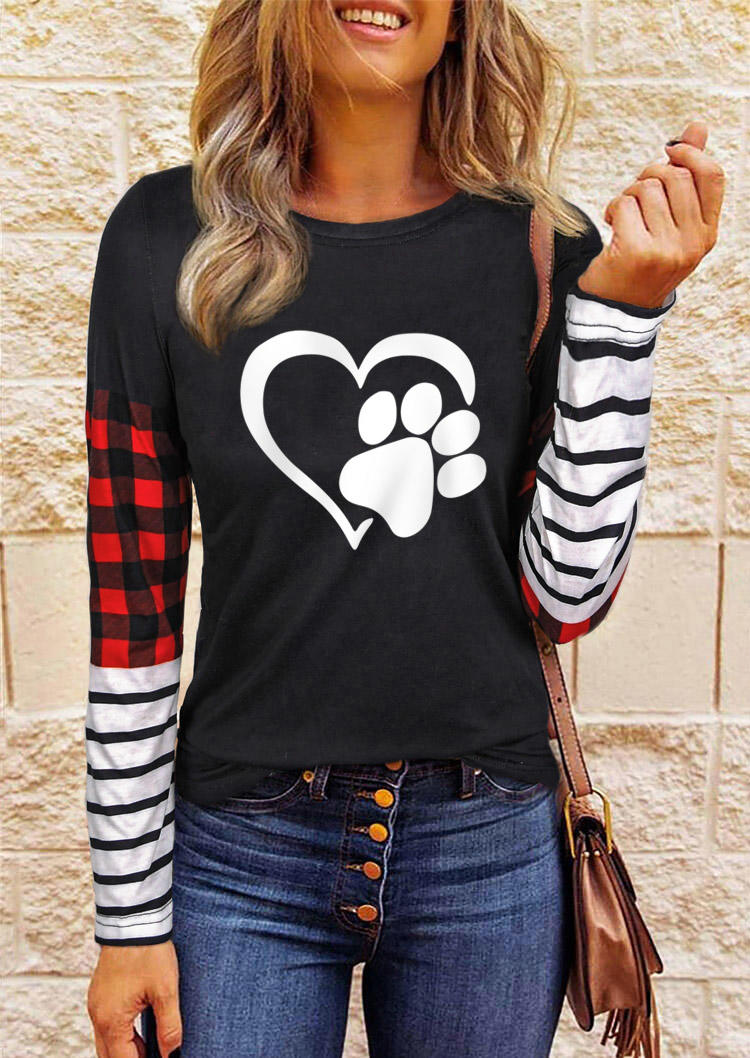 

Love Heart Dog Paw Plaid Striped T-Shirt Tee - Black, 525758