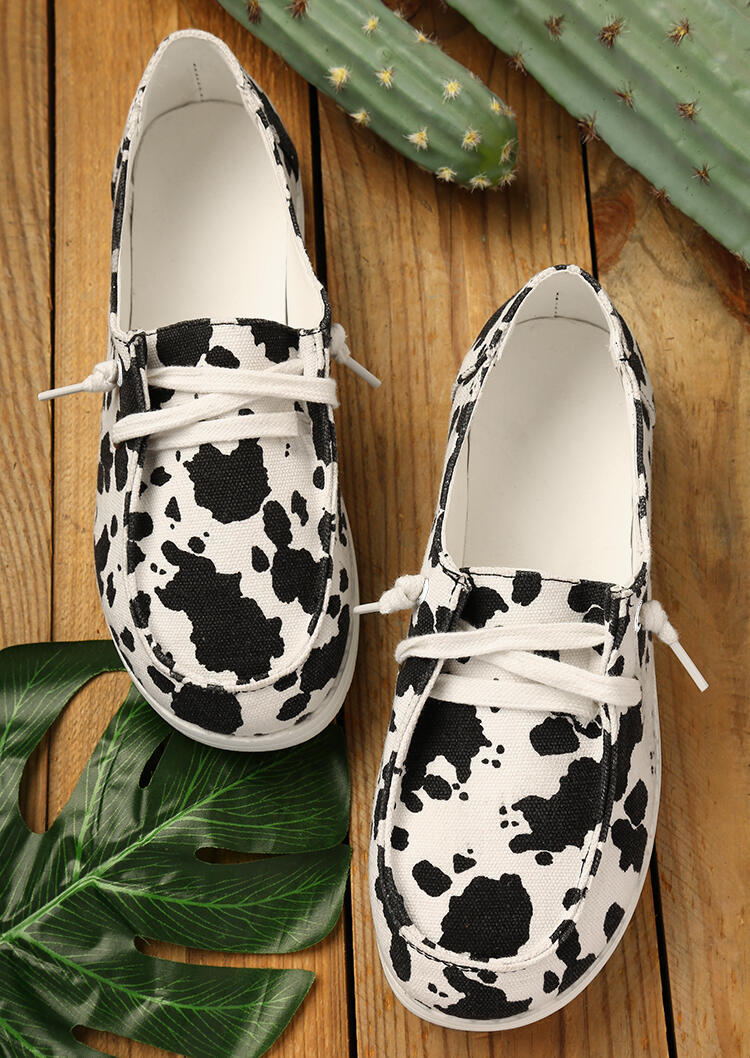 Cow Print Lace Up Round Toe Flat Sneakers