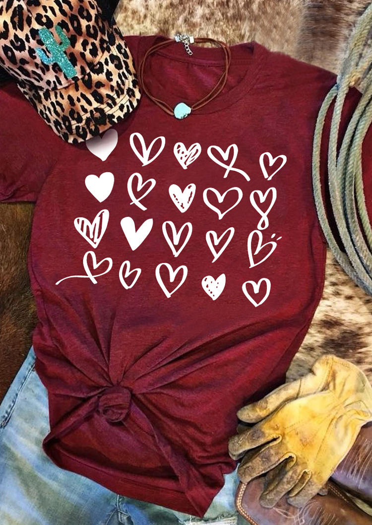

Love Heart O-Neck T-Shirt Tee - Burgundy, 525066