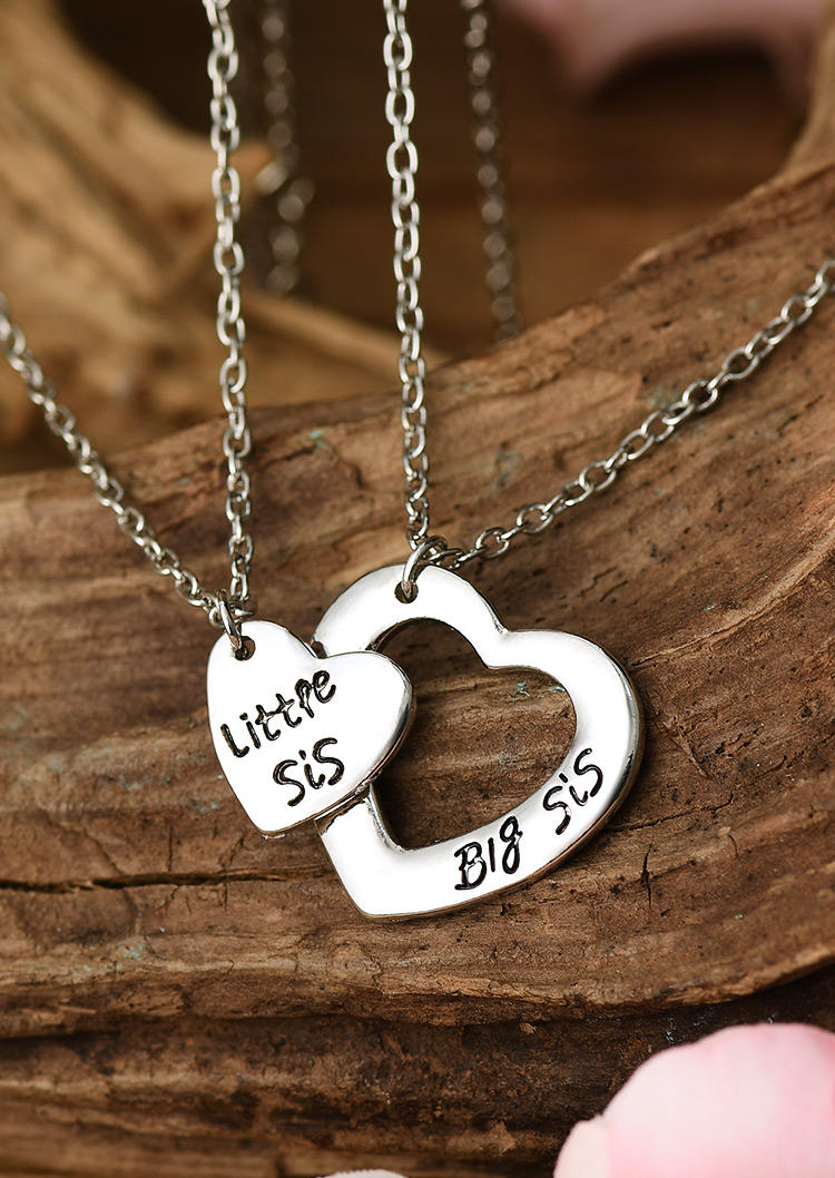 

2Pcs Little Sis Big Sis Heart Pendant Necklace Set, Silver, 525102