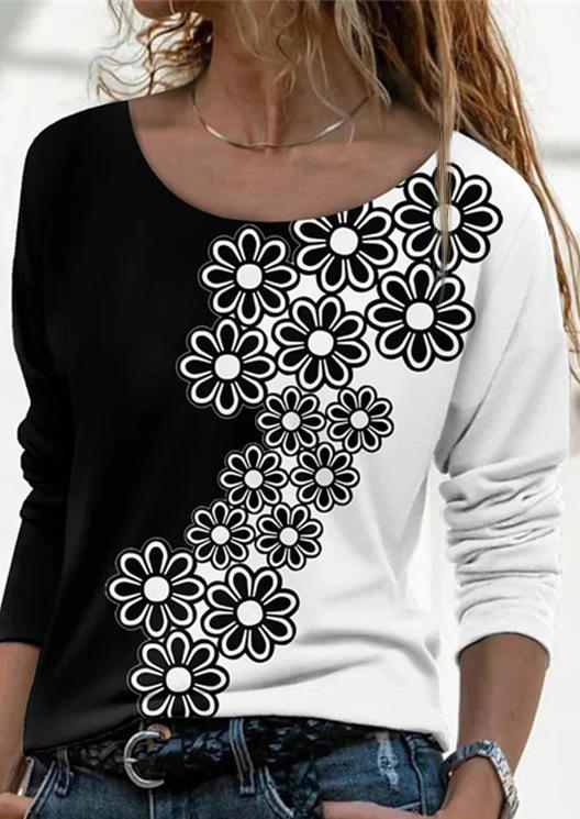 

Floral Color Block Long Sleeve Blouse - White, 525160