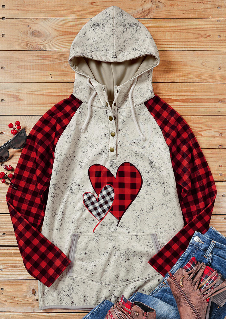 Heart Plaid Button Long Sleeve Hoodie