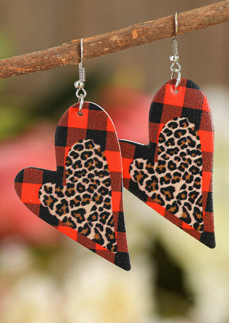 Plaid Leopard Heart Hook Earrings