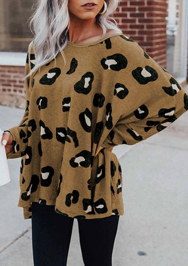 

Leopard Slit Long Sleeve O-Neck Blouse, 525451