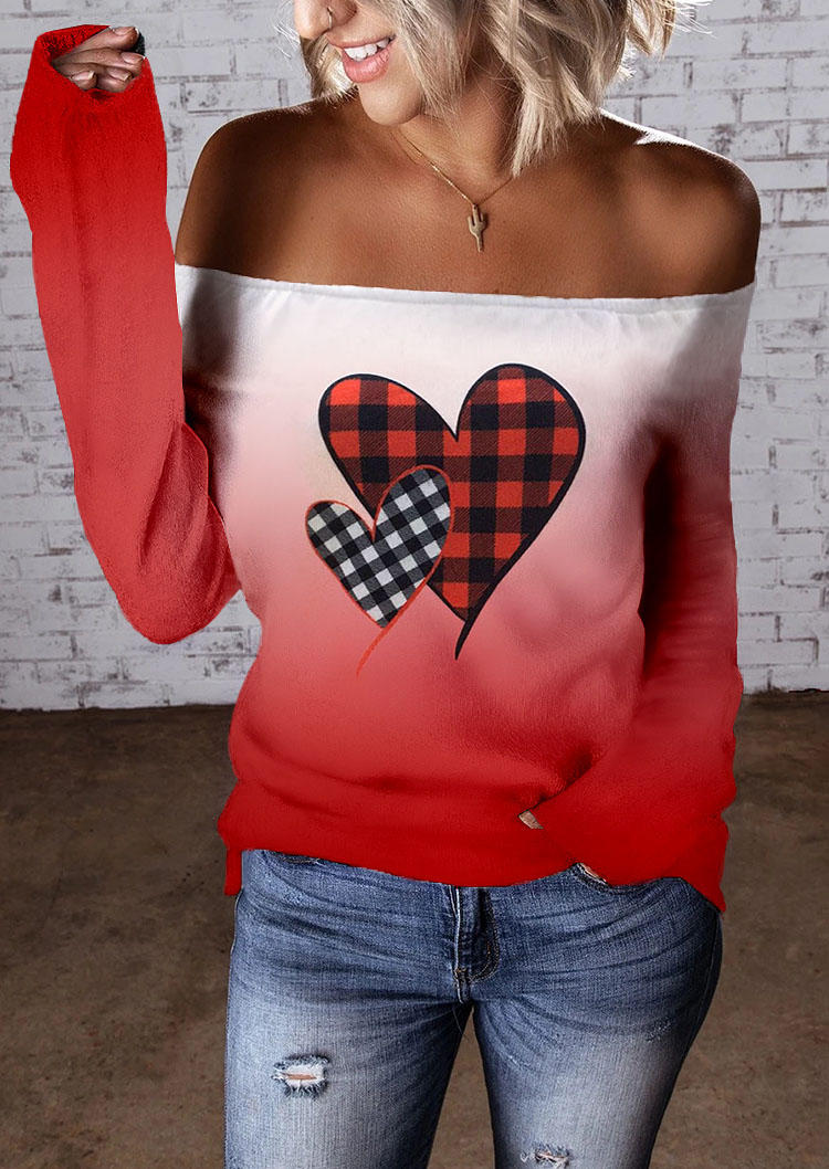 Valentine Plaid Heart Gradient Off Shoulder Blouse - Red