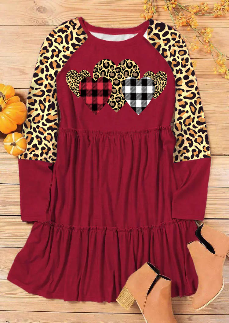 Plaid Leopard Heart Ruffled Mini Dress - Burgundy