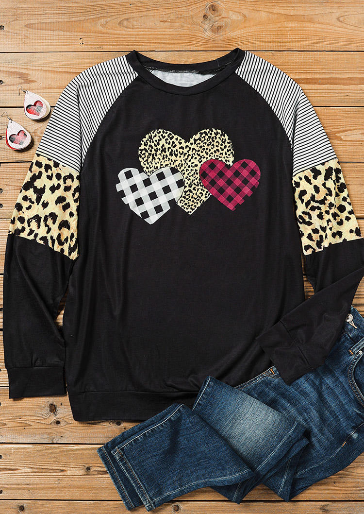 Valentine Striped Plaid Leopard Heart Blouse - Black