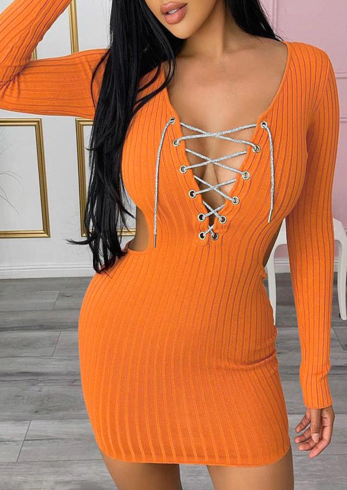 

Lace Up Hollow Out Bodycon Dress - Orange, 525607