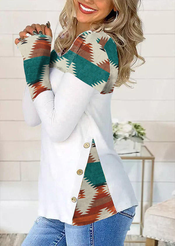 

Aztec Geometric Button Long Sleeve Blouse, Multicolor, 525721