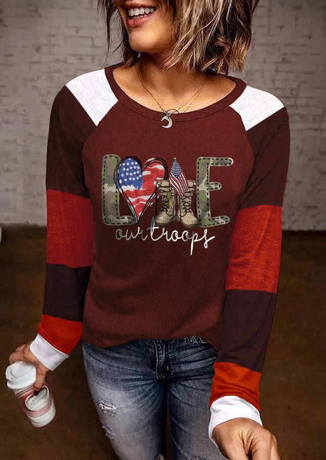 

Love Our Troops Color Block Camouflage Blouse - Burgundy, 525726