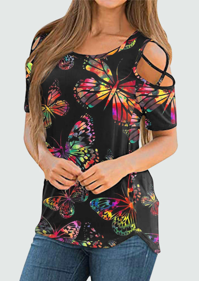 

Butterfly Criss-Cross Cold Shoulder Blouse - Black, 525788