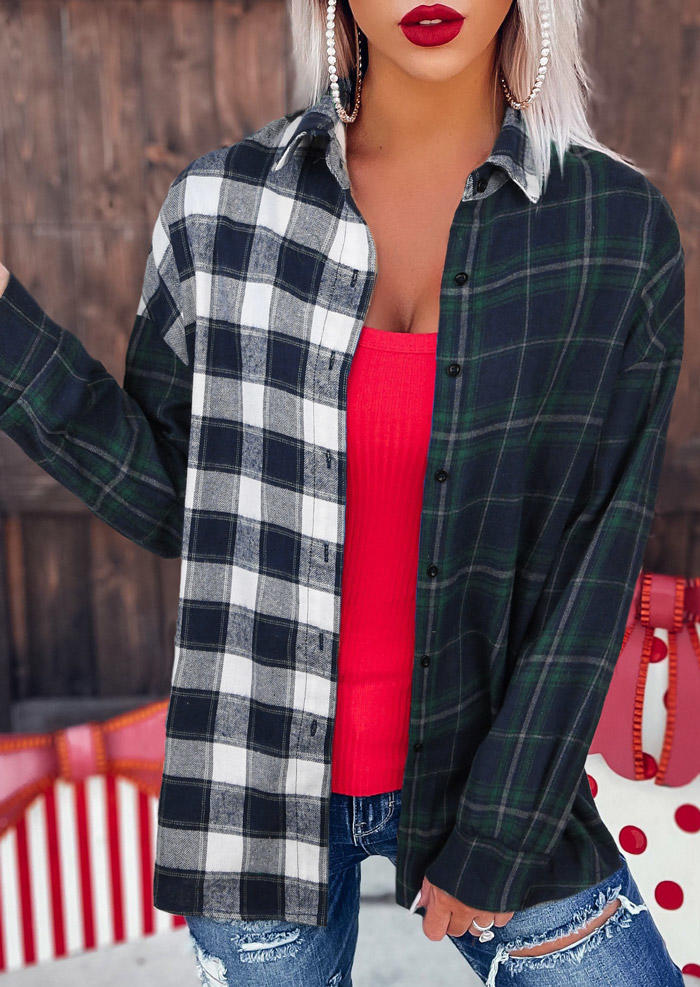 

Plaid Color Block Turn-Down Collar Shirt, 525821