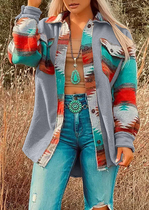 

Aztec Geometric Pocket Splicing Coat - Gray, 525870