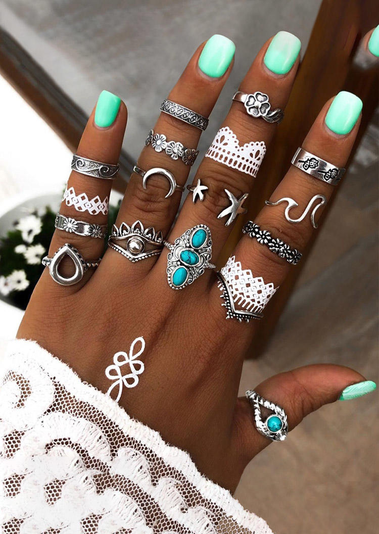 

15Pcs Star Moon Turquoise Floral Ring Set, Silver, 525889
