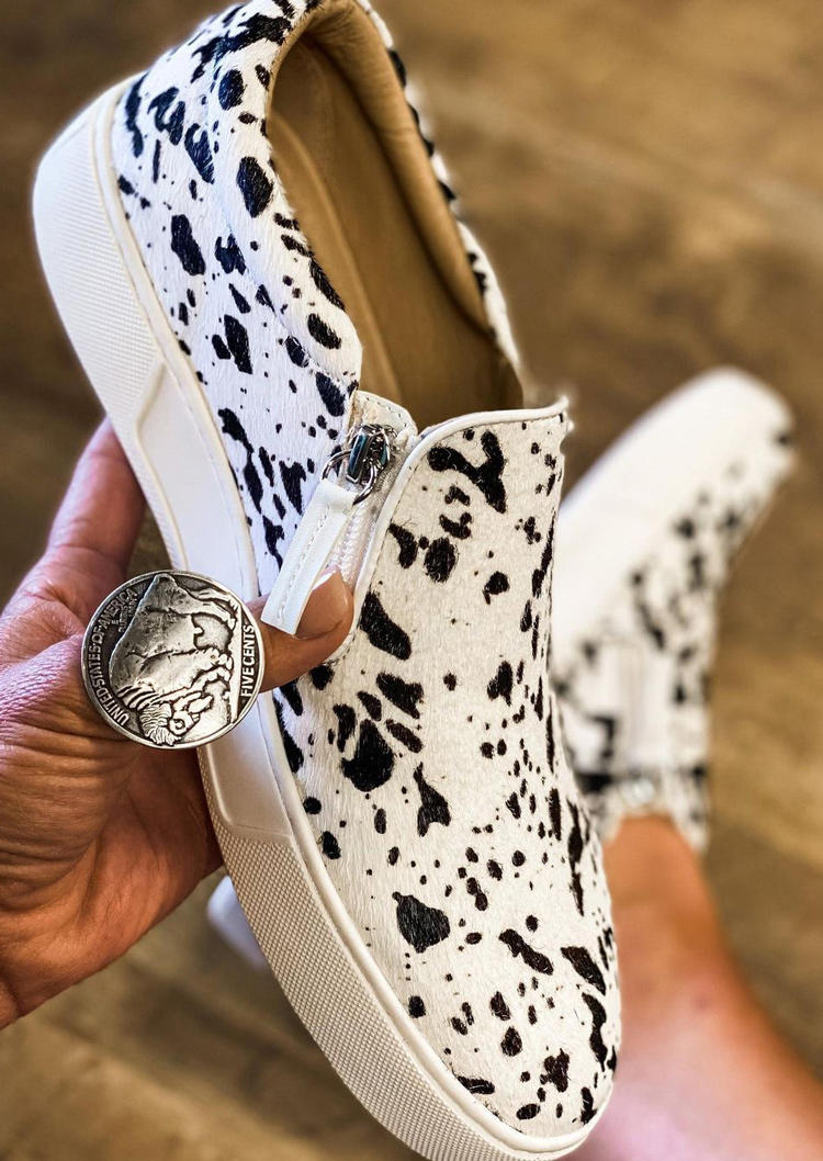 

Zipper Cow Round Toe Flat Sneakers - White, 525995