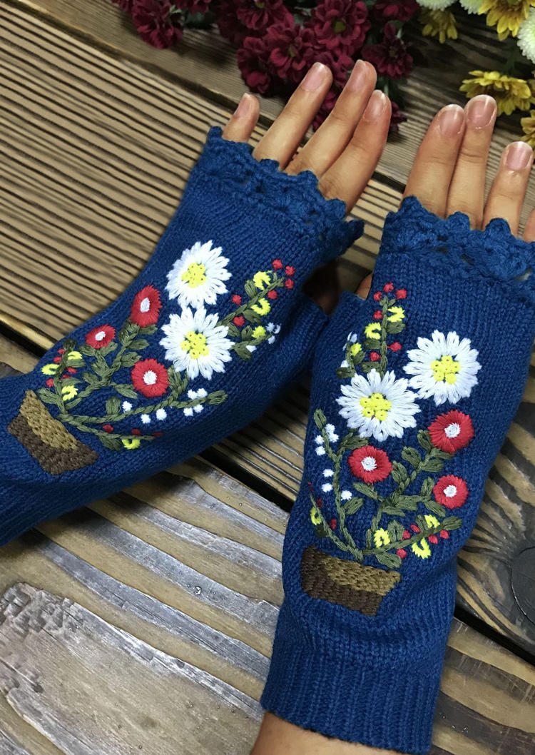 

Floral Knitted Fingerless Gloves, Deep blue, 526113