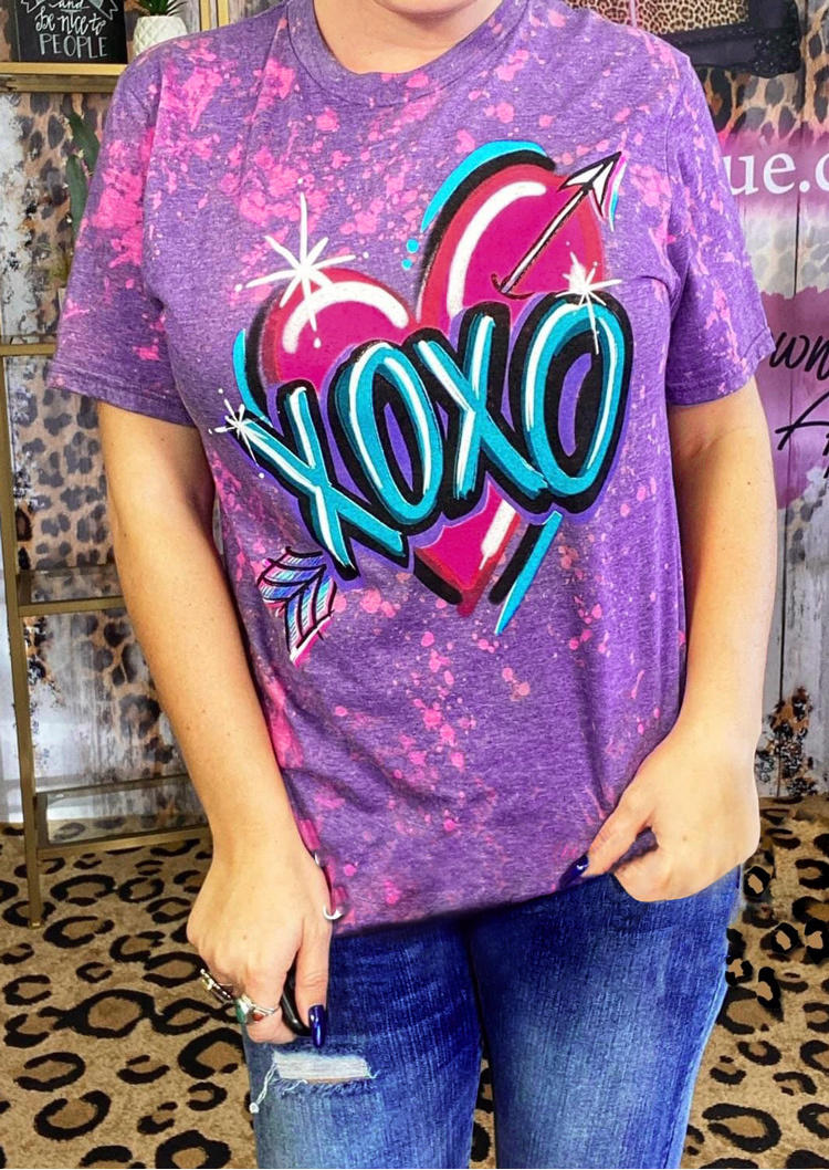 Valentine Xoxo Heart Arrow Bleached T-Shirt Tee - Purple