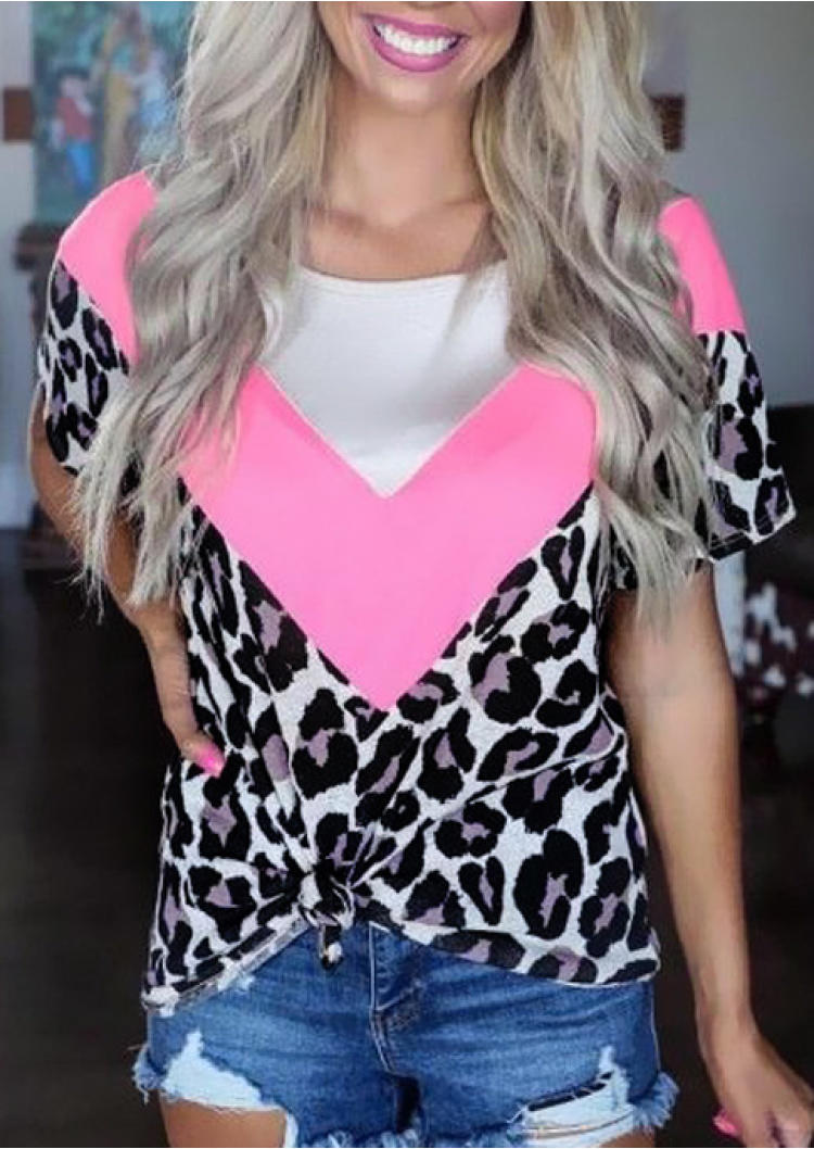 

Color Block Leopard Short Sleeve Blouse, Multicolor, SCM000042