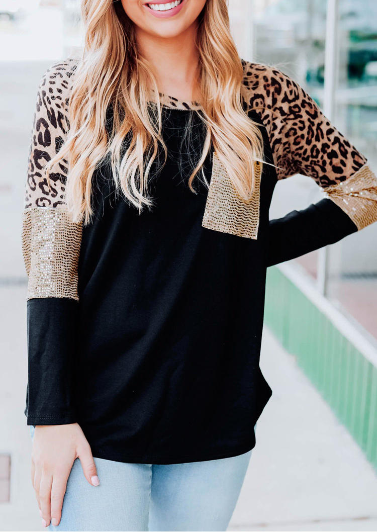 

Leopard Sequined Splicing Blouse - Black, SCM000025