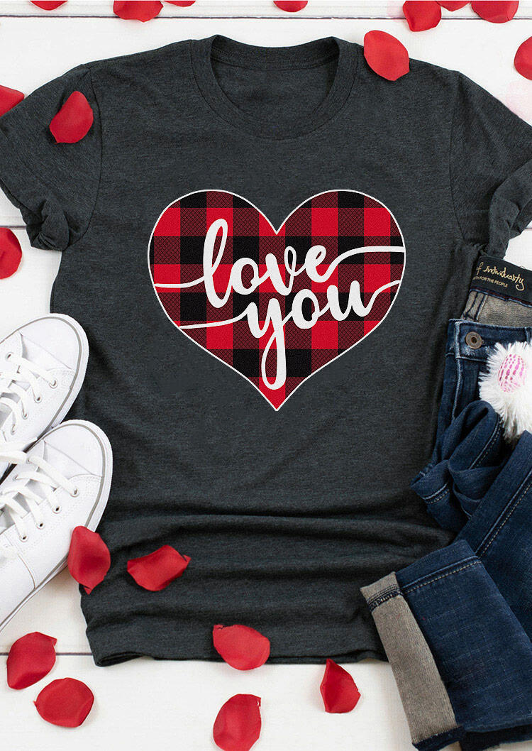 Buy Love You Plaid  Heart T-Shirt Tee - Dark Grey. Picture