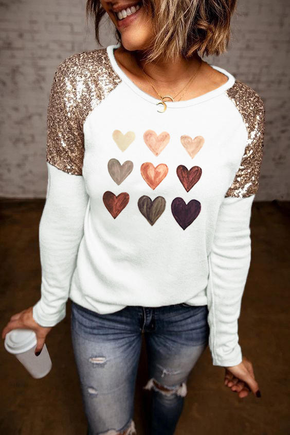 

Heart Sequined Long Sleeve T-Shirt Tee - White, 524960