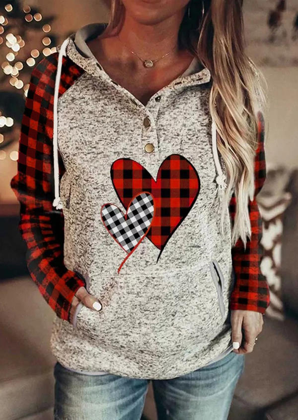 

Heart Plaid Button Long Sleeve Hoodie, Multicolor, 525265