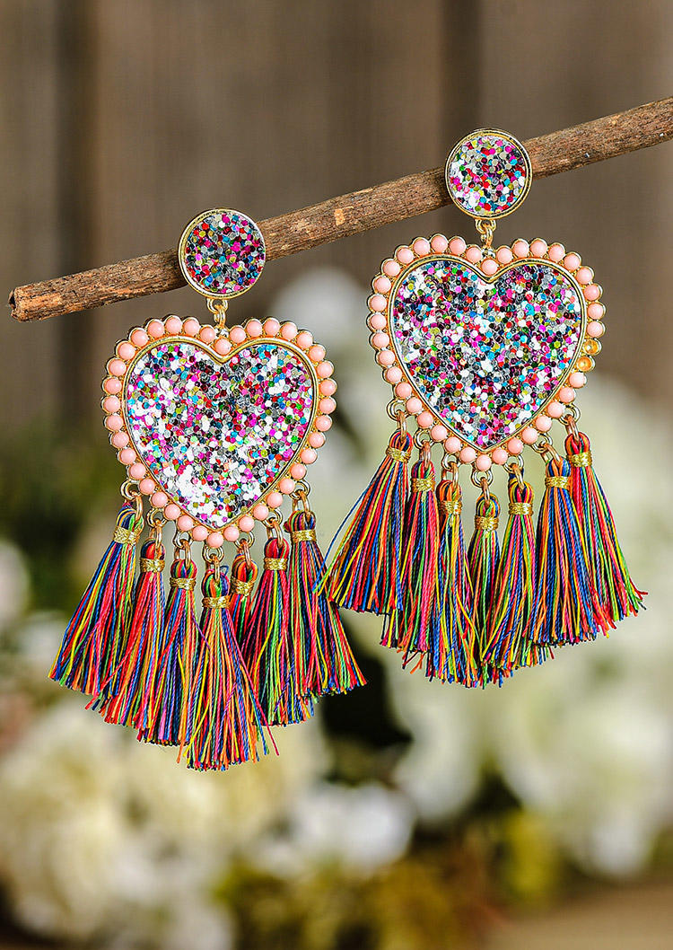 

Glitter Tassel Love Heart Earrings, Multicolor, 525519