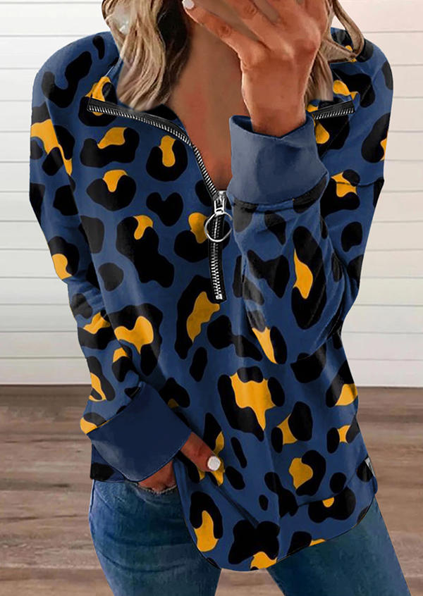 

Zipper Leopard Long Sleeve Sweatshirt - Blue, 525643